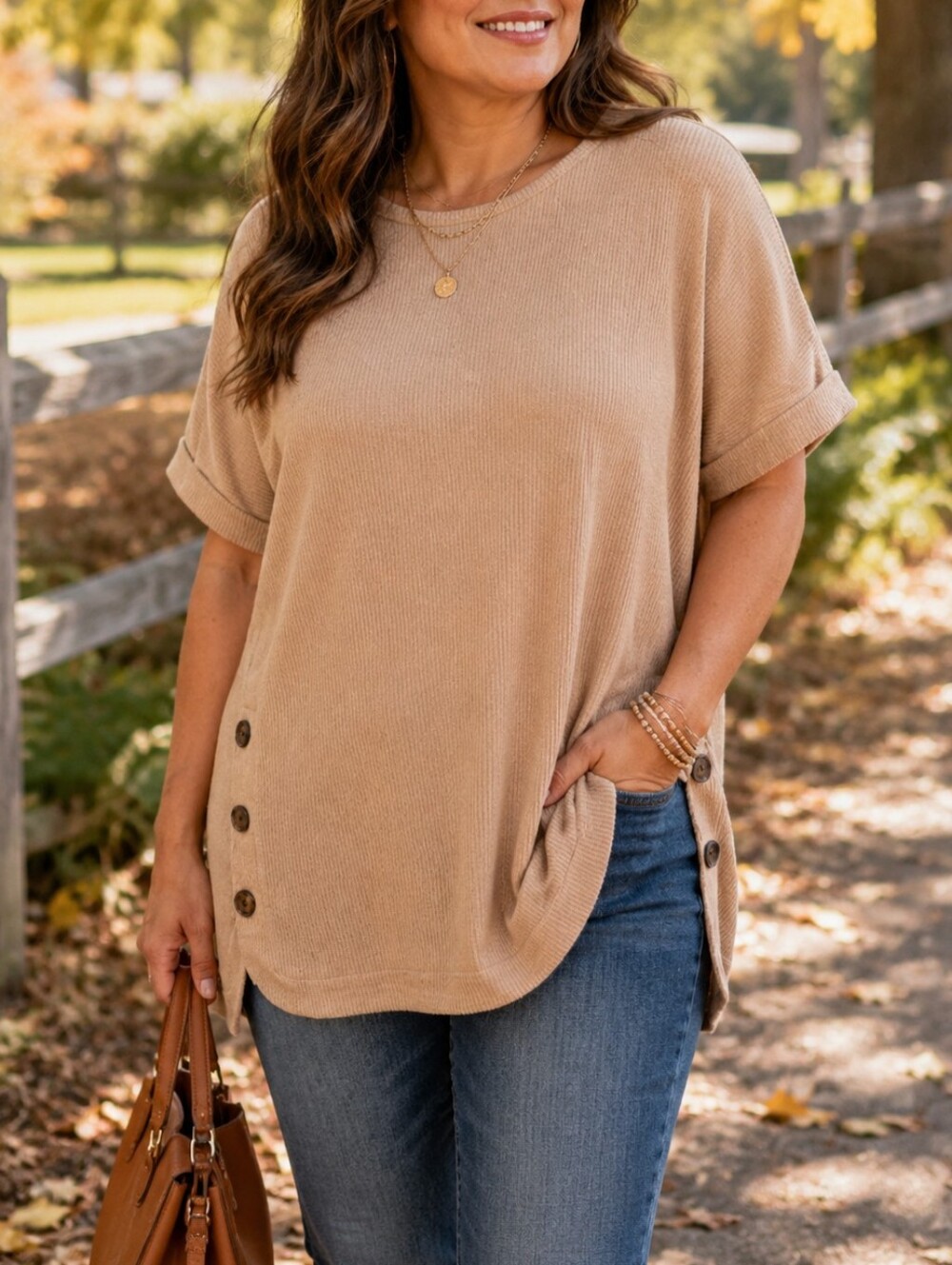 NWT Apricot Beige Ribbed Tunic Top Side Button Detail Dolman Sleeve Soft Stretch